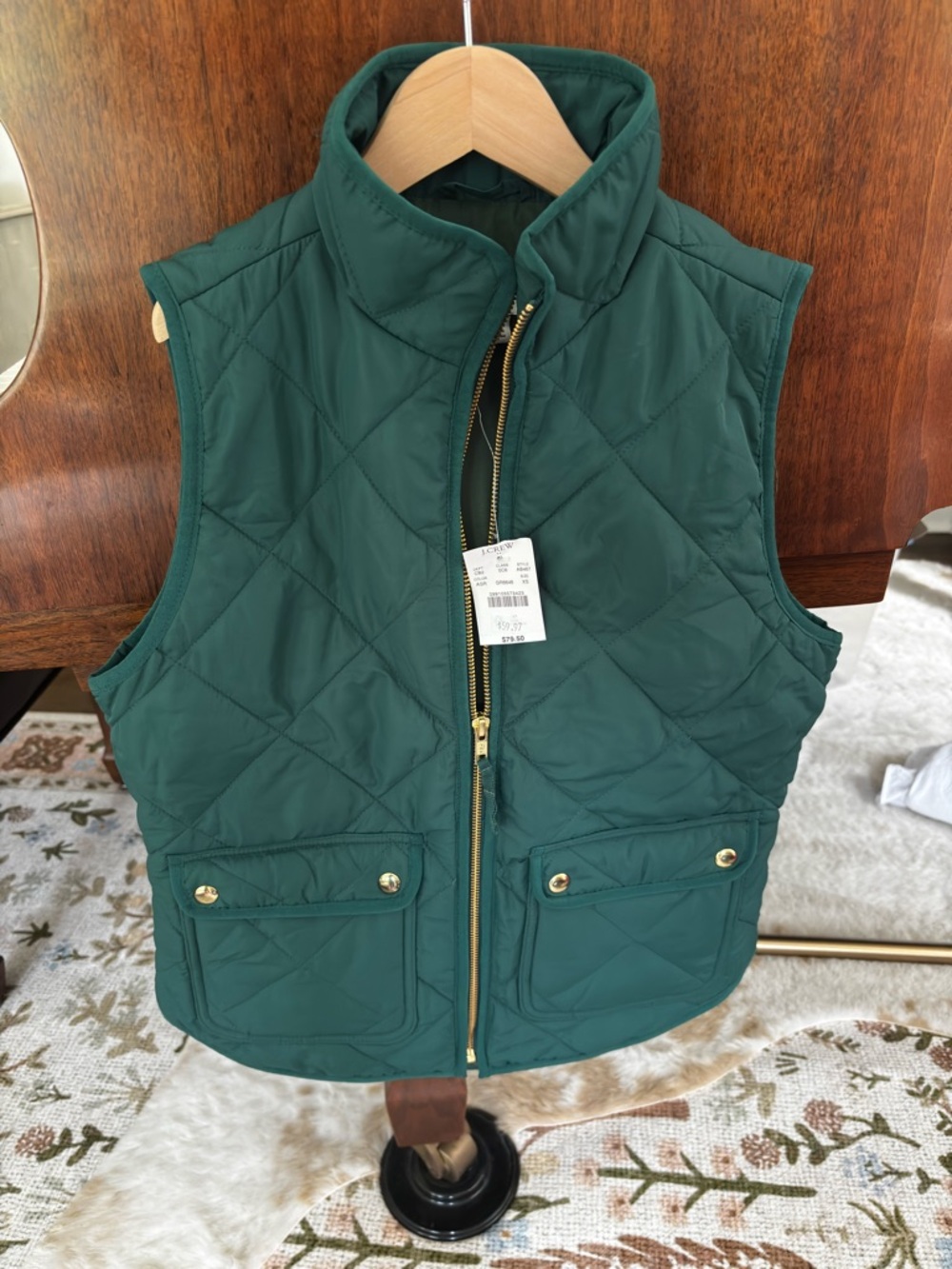 J. Crew Dark Green Quilted Puffer Vest with Gold Hardware